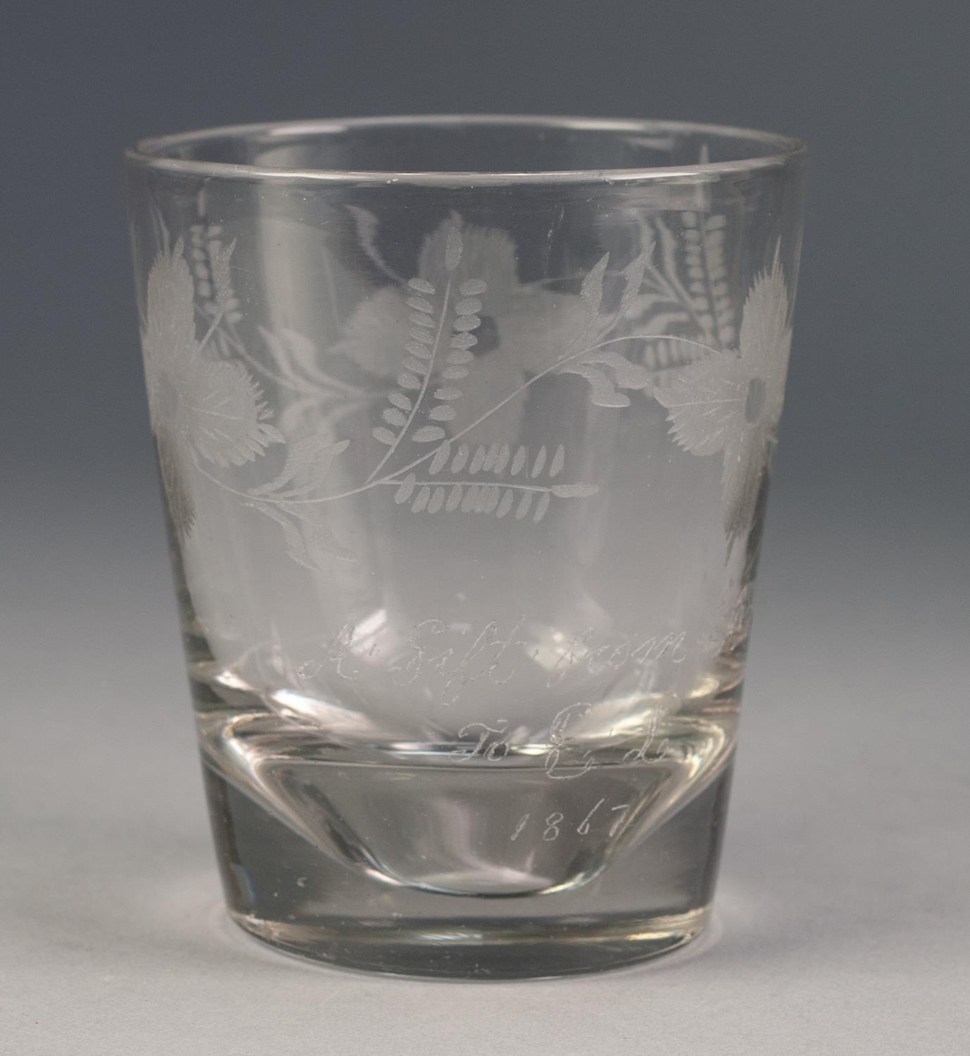 VICTORIAN PRESENTATION ENGRAVED GLASS TUMBLER, of slightly flared form, wheel cut with meandering