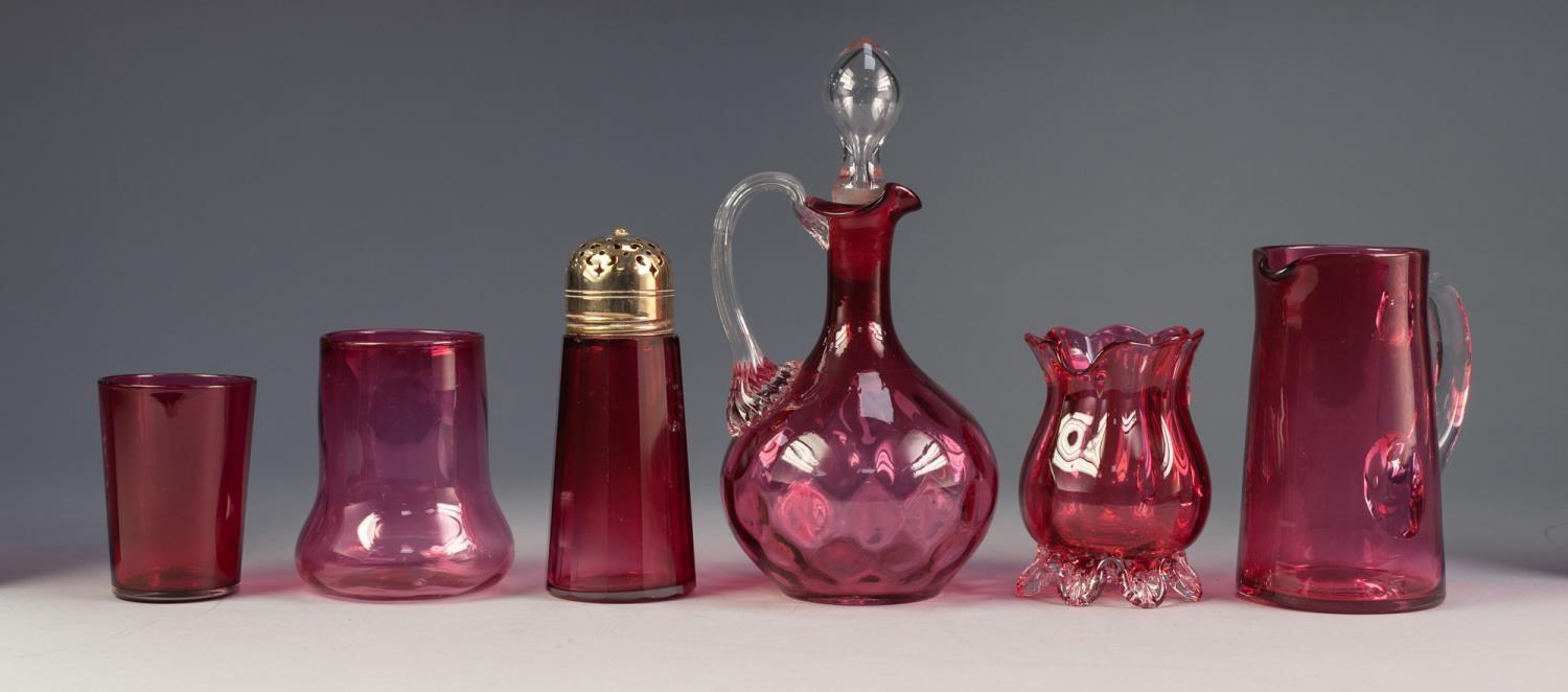 SIX PIECES OF NINETEENTH CENTURY AND LATER CRANBERRY GLASS, including: BALUSTER JUG with clear