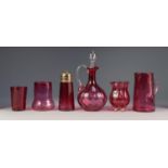 SIX PIECES OF NINETEENTH CENTURY AND LATER CRANBERRY GLASS, including: BALUSTER JUG with clear