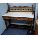 VICTORIAN GOTHIC REVIVAL MARBLE TOPPED AND TILED BACKED OAK WASHSTAND, the oblong white veined