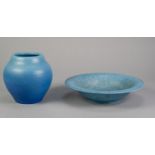 TWO PIECES OF MATT BLUE GLAZED PILKINGTON?S ROYAL LANCASTRIAN POTTERY, comprising: OVOID VASE, in