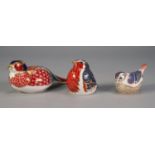THREE MODERN ROYAL CROWN BIRD PATTERN CHINA PAPERWEIGHTS WITH GILT STOPPERS, printed marks, 7? (17.