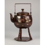 FINE QUALITY JAPANESE MEIJI PERIOD BRONZE TEA KETTLE ON STAND, chocolate brown patination, finely