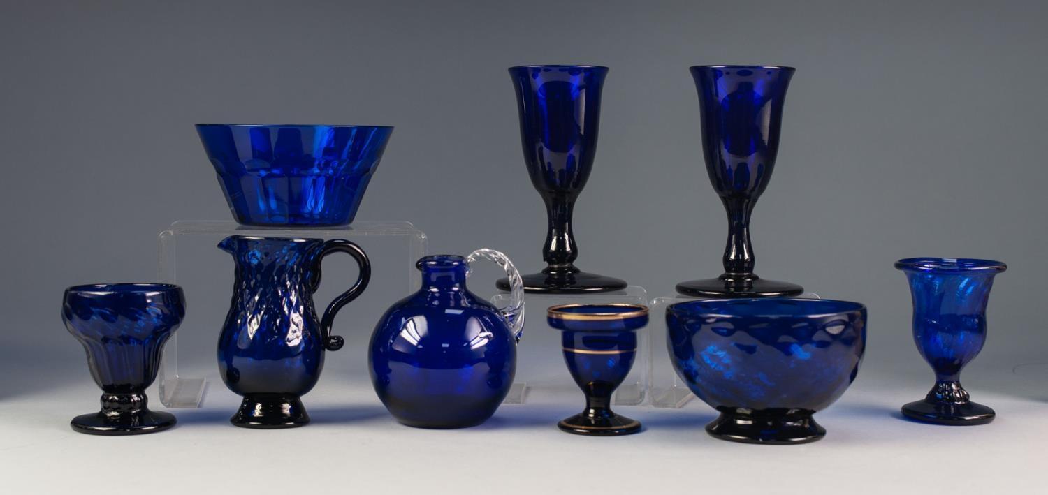 NINE PIECES OF NINETEENTH CENTURY AND LATER BRISTOL BLUE GLASS, including: A HEAVY PAIR OF STEMMED