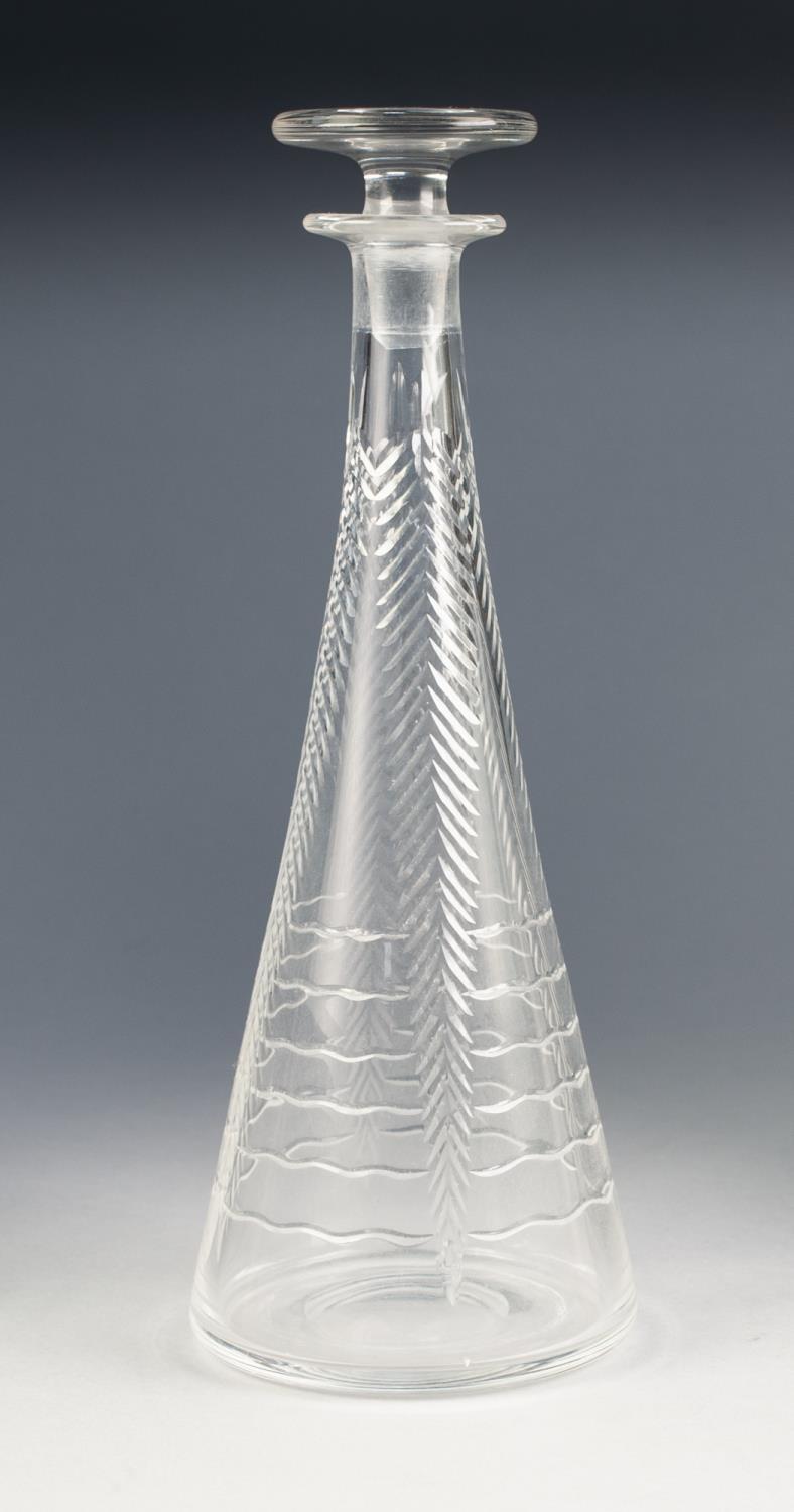 STYLISH CUT GLASS DECANTER AND STOPPER, of tapering form, wheel cut with wavy lines overlaid with