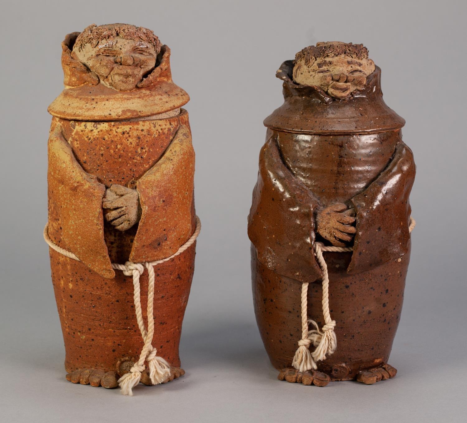 JOHN ROBERTS, OKEHAMPTON, PAIR OF MONK PATTERN STUDIO POTTERY JARS AND COVERS, 11" (28cm) high, (2)