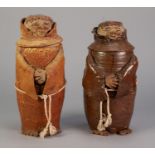 JOHN ROBERTS, OKEHAMPTON, PAIR OF MONK PATTERN STUDIO POTTERY JARS AND COVERS, 11" (28cm) high, (2)