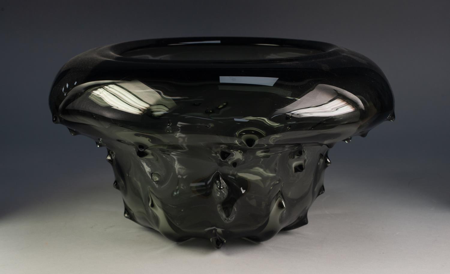 IMPRESSIVE SMOKEY GREY MOULDED LARGE MURANO GLASS BOWL, of flared form with deep fold-over rim,