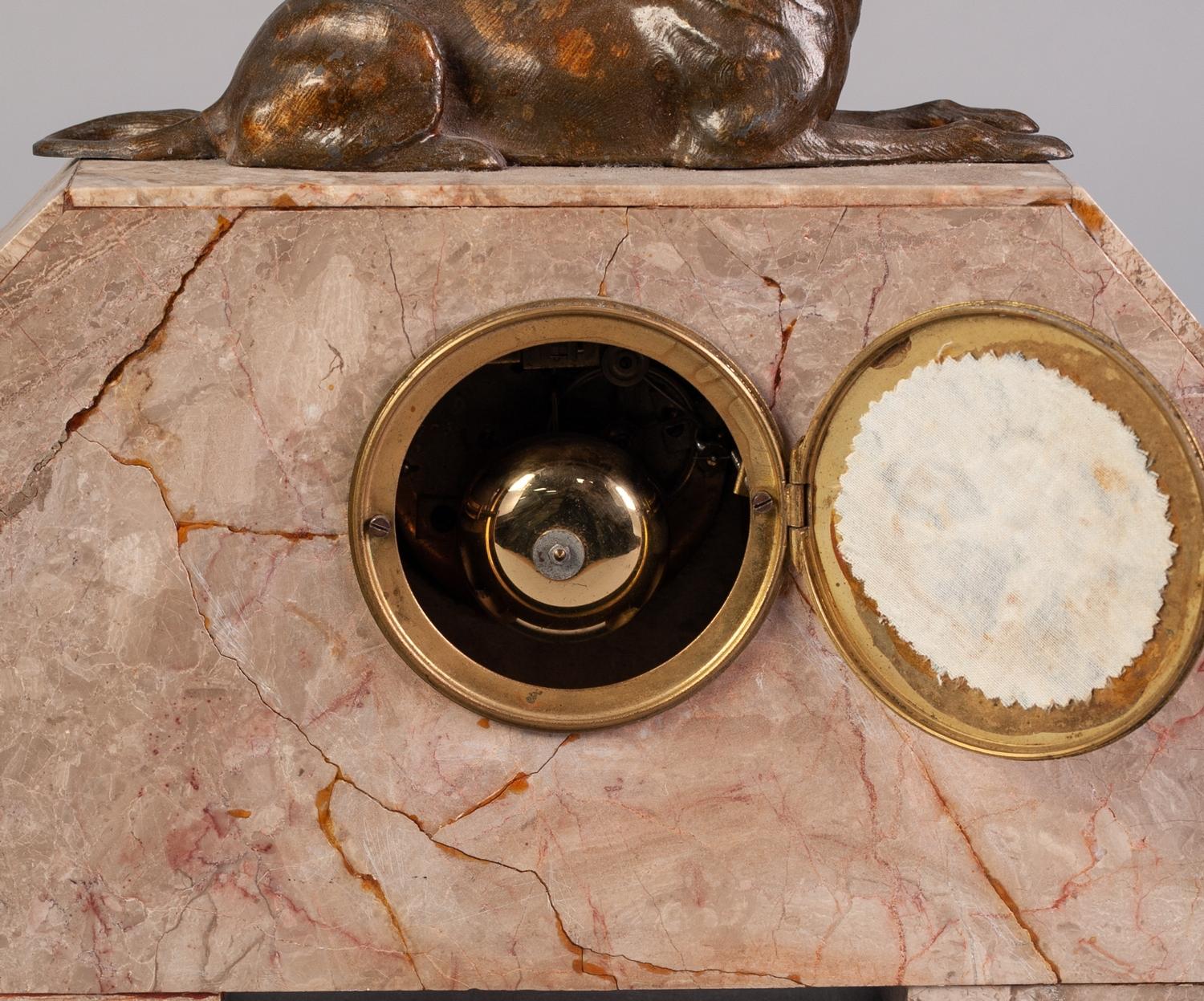 1930s FRENCH ART DECO VEINED AND BLACK MARBLE GARNITURE, the movement striking on a bell, stamped - Image 3 of 3