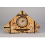 ART DECO VEINED CREAM AND BLACK MARBLE TRIANGULAR SHAPED MANTEL CLOCK, with Roman chapter ring, 14