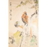 UNATTRIBUTED (MODERN CHINESE SCHOOL) WATERCOLOUR DRAWING Two birds perched on a rocky outcrop