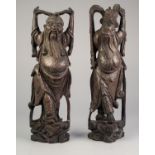 PAIR OF CHINESE, LATE QING DYNASTY CARVED HARDWOOD SILVER WIRE INLAID DEITY FIGURES, 16 1/2in (42cm)