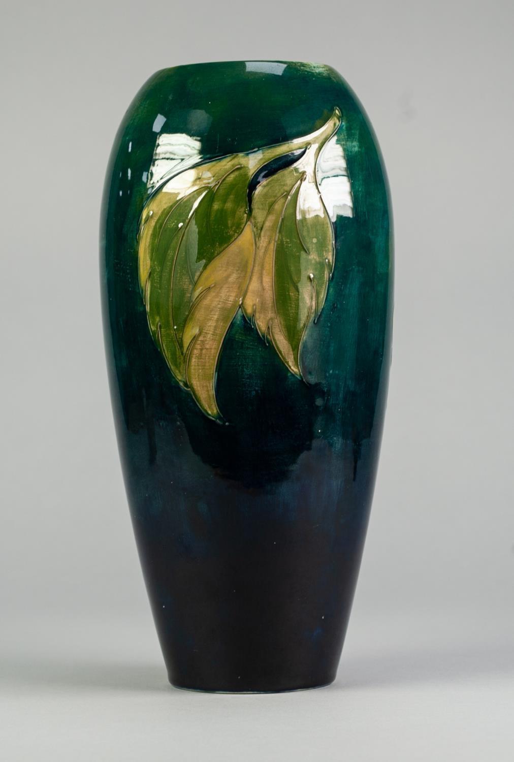 WALTER MOORCROFT HIBISCUS PATTERN TUBE LINED POTTERY VASE, of slender ovoid form, painted in tones - Image 3 of 5