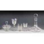 COLLECTION OF MODERN CUT GLASS, to include, SQUARE DECANTER AND STOPPER, SHIP?S DECANTER AND