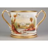 VICTORIAN PRESENTATION CHINA TWO HANDLED LARGE LOVING CUP, of typical form with entwined scroll