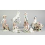 FIVE LLADRO PORCELAIN FIGURES OF CHILDREN, including a pair modelled pushing wheelbarrow