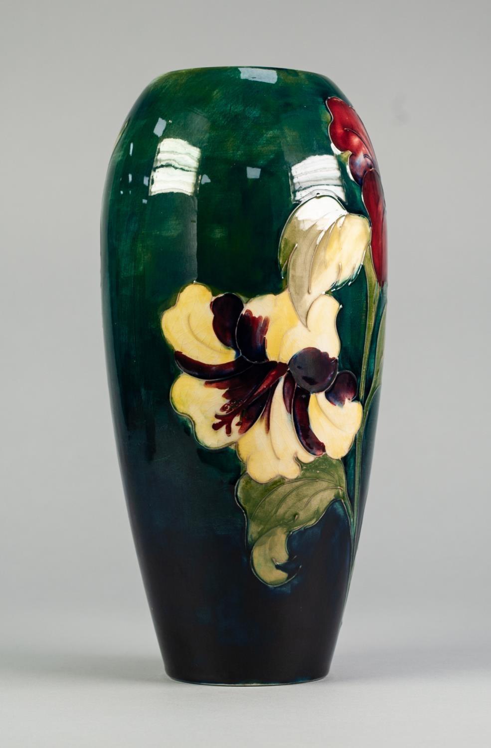 WALTER MOORCROFT HIBISCUS PATTERN TUBE LINED POTTERY VASE, of slender ovoid form, painted in tones - Image 2 of 5