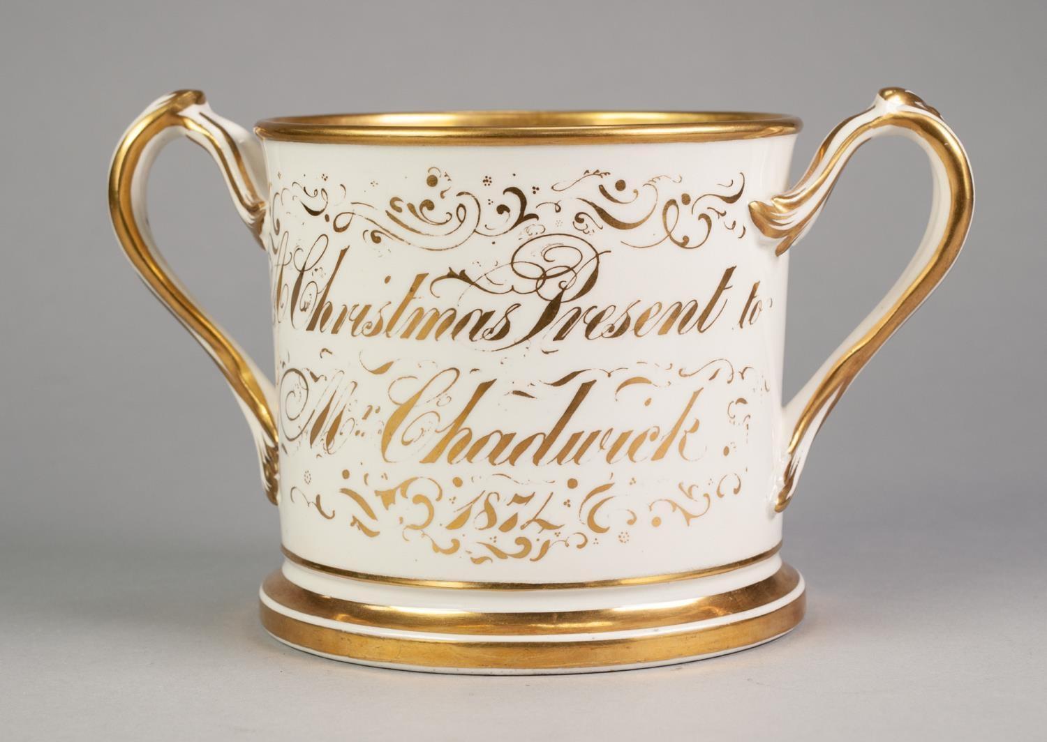 VICTORIAN PRESENTATION CHINA TWO HANDLED LARGE LOVING CUP, of typical form with entwined scroll - Image 2 of 3