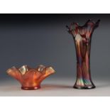 TWO PIECES OF ORANGE CARNIVAL GLASS WITH WAVY RIMS, comprising: WAISTED VASE, 9? (22.8cm) high,