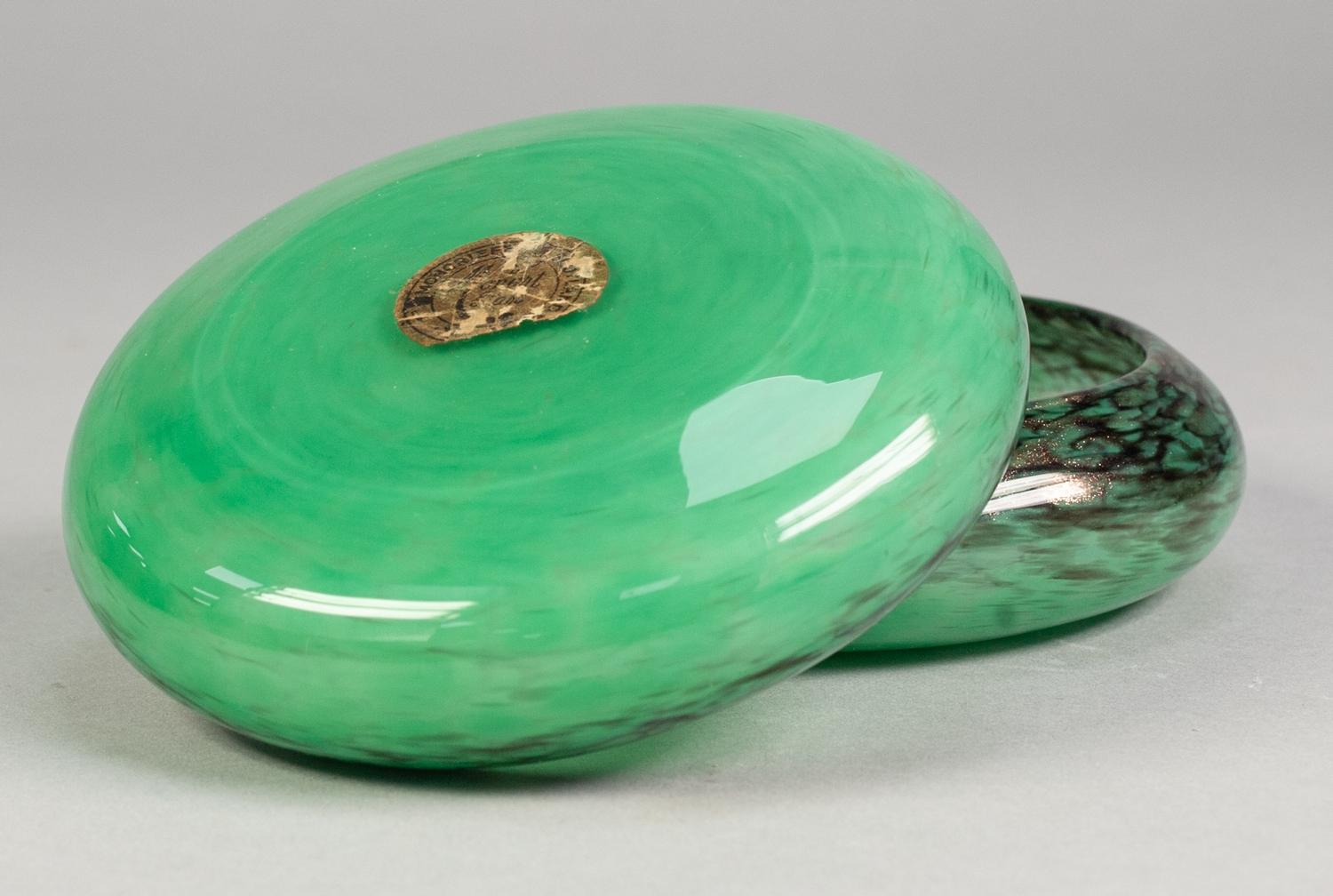 PAIR OF SCOTTISH, MONART LABELLED, SHALLOW GLASS DISHES, green mottled, with turned-in rims, with - Image 2 of 2