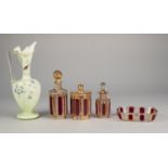 FOUR PIECE MURANO FACET CUT GLASS DRESSING TABLE SET, each piece with raised red stained panels
