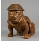 ROYAL DOULTON MOULDED POTTERY MODEL OF ?TOMMY?, A SEATED BULLDOG IN MILITARY ATTIRE, in greeny