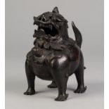 AGED CHINESE QING DYNSTY CAST BRONZE BUDDHISTIC LION INCENSE BURNER, with hinged (defective), open-