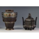 CHINESE TWO HANDLED CLOISONNE AND PATINATED BRONZE VASE IN THE ARCHAIC TASTE, of footed, tapering