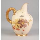 LATE VICTORIAN ROYAL WORCESTER BLUSH CHINA JUG, of swollen form with moulded gilt loop handle,