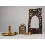 CHINESE, LATE QING DYNASTY, CAST BRASS BELL suspended within a craved wooden metal wire inlaid stand