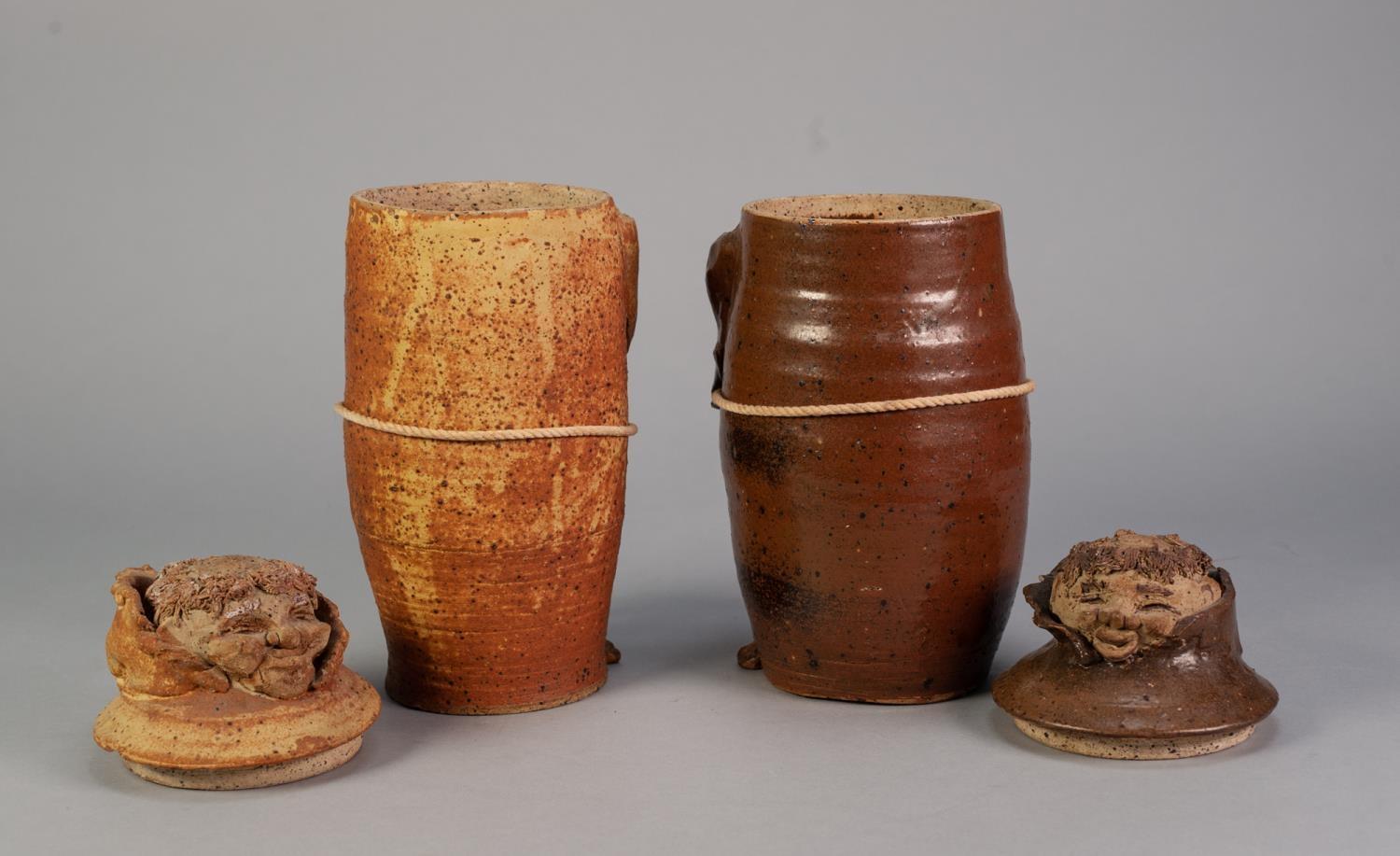 JOHN ROBERTS, OKEHAMPTON, PAIR OF MONK PATTERN STUDIO POTTERY JARS AND COVERS, 11" (28cm) high, (2) - Image 2 of 2