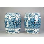 PAIR OF MODERN ORIENTAL BLUE AND WHITE POTTERY GARDEN SEATS, each of drum for with cash pierced