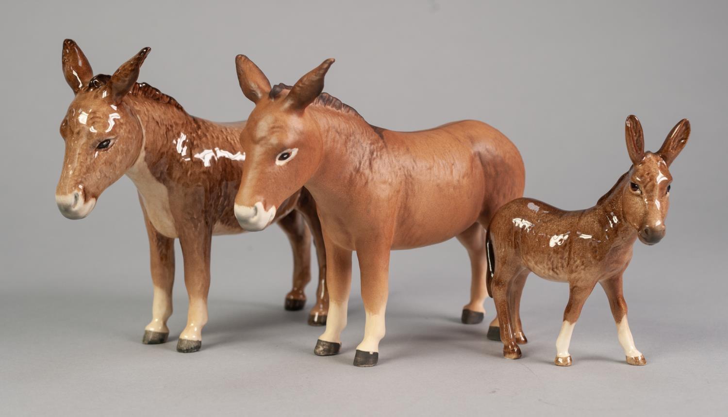 TWO BESWICK POTTERY MODELS OF DONKEYS, GLOSS and MATT, 5 ¼? (13.3cm) high, and a GLOSS MODEL OF A