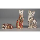 THREE MODERN ROYAL CROWN DERBY CAT PATTERN CHINA PAPERWEIGHTS WITH STOPPERS, comprising: MAJESTIC