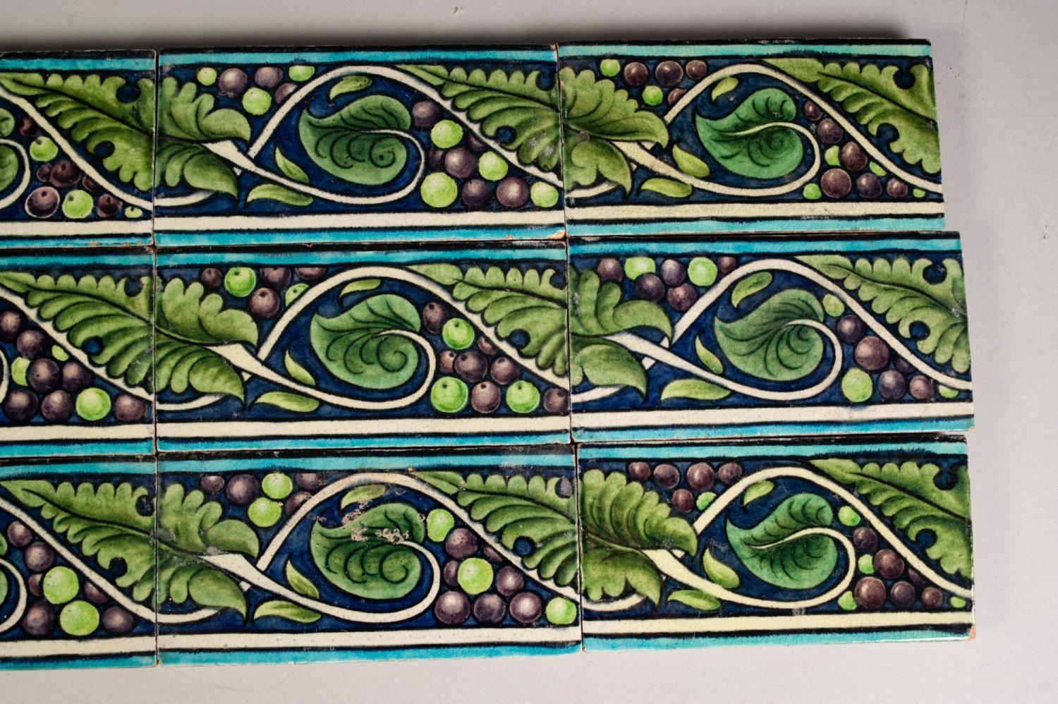 SET OF NINE WILLIAM DE MORGAN POTTERY FRIEZE TILES, each of oblong form, painted in colours with a - Image 3 of 7