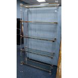 MODERN LUCITE AND GILT METAL SHELVING UNIT WITH FIVE GLASS SHELVES, and square column supports,