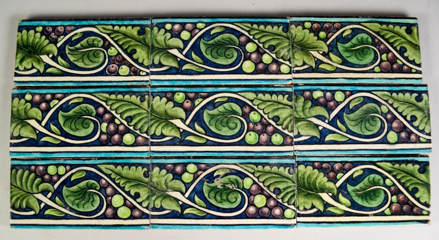 SET OF NINE WILLIAM DE MORGAN POTTERY FRIEZE TILES, each of oblong form, painted in colours with a