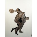 MODERN TIN FOIL AND WHITE PAINTED FRET CUT PLYWOOD PICTURE OF A DISCUS THROWER, the cut out figure