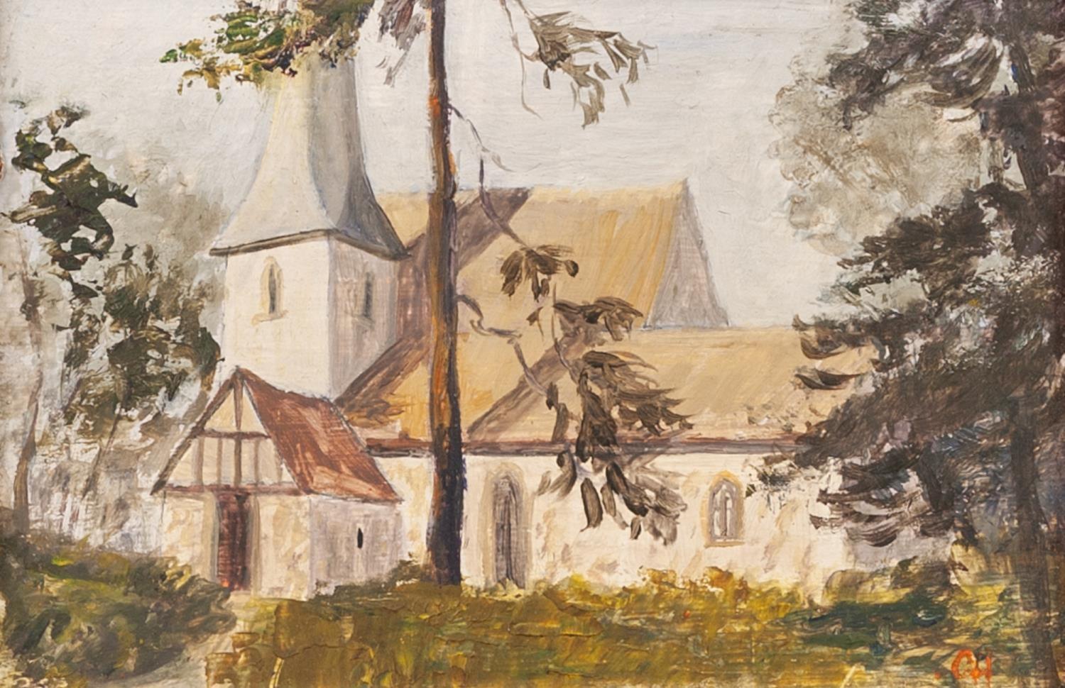 Gwen Harper (Wallington) Pair of small oil paintings on board ?Chaldon Church? and ?Reigate Heath? - Image 2 of 2