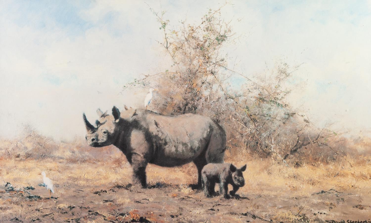 DAVID SHEPHERD ARTIST SIGNED COLOUR PRINT 'The Rhino's Last Stand' with dedication in artist's