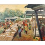 R. Shaplex (Bexhill) Oil painting on board ?Fish Market in West Africa? Signed lower right and