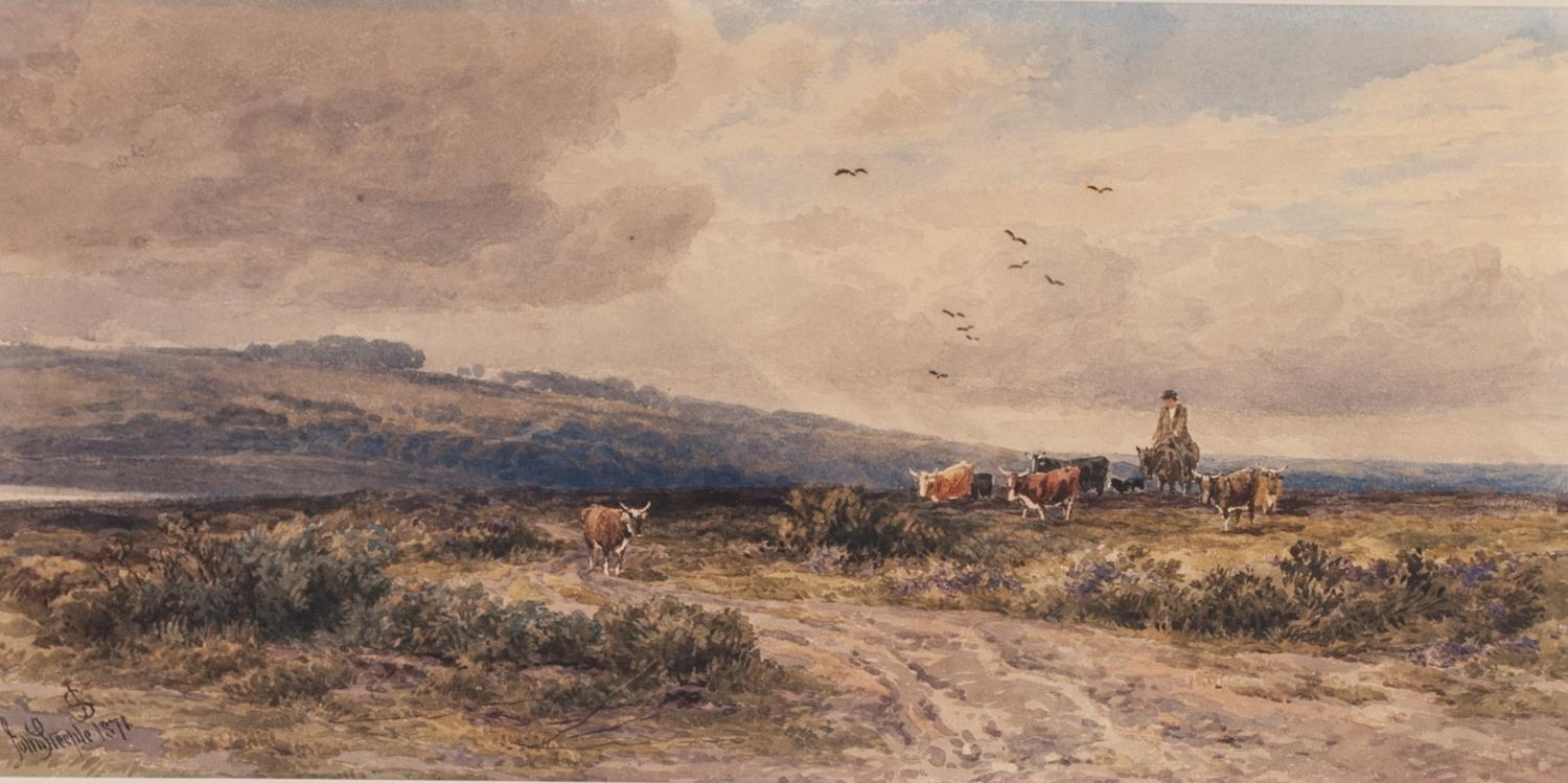 JOHN STEEPLE (1823 - 1887) WATERCOLOUR DRAWING Landscape with a drover and cattle Signed and dated