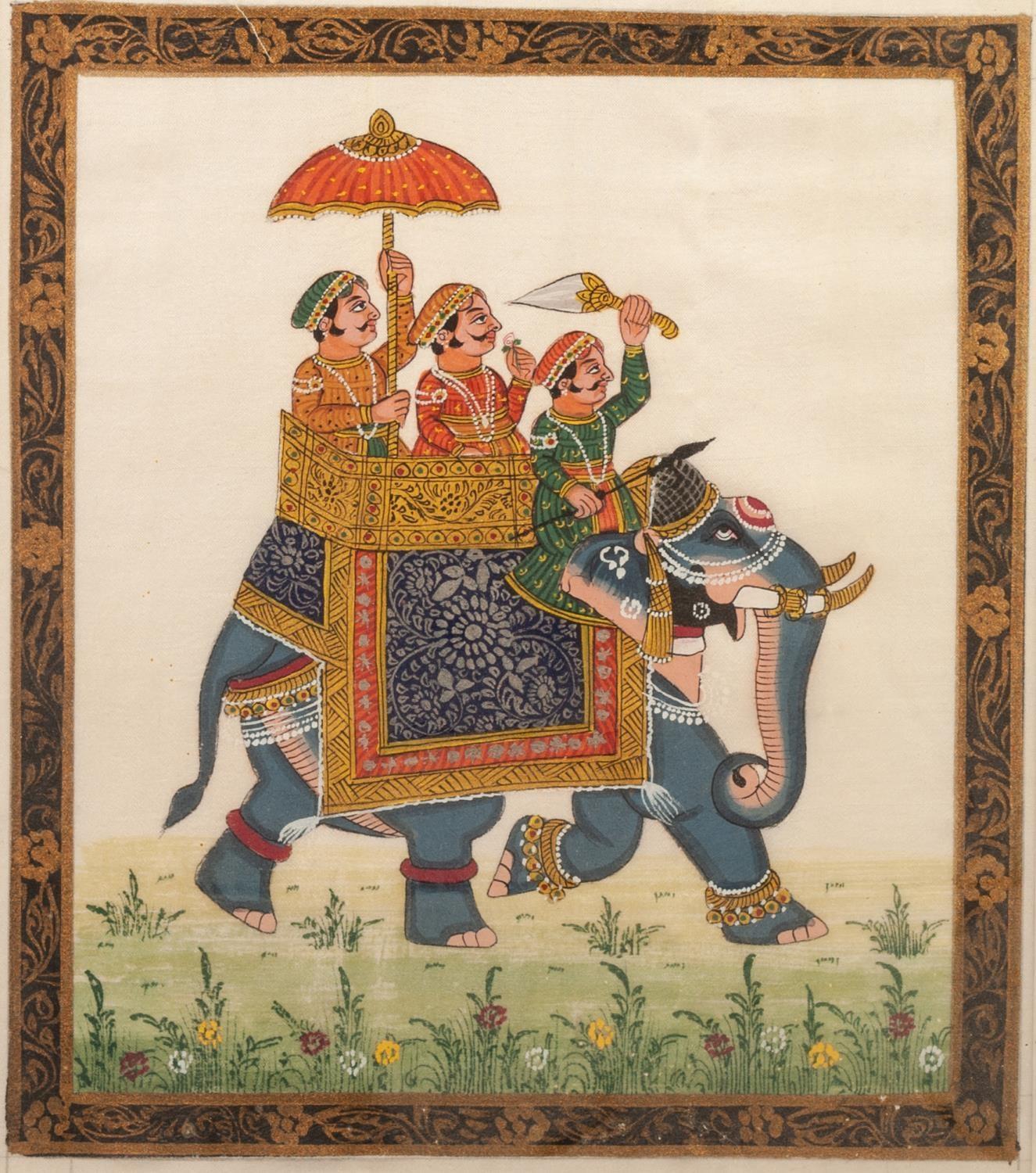 UNATTRIBUTED (MODERN MIDDLE EASTERN SCHOOL) TWO GOUACHE PAINTINGS ON FABRIC Ceremonial elephant with