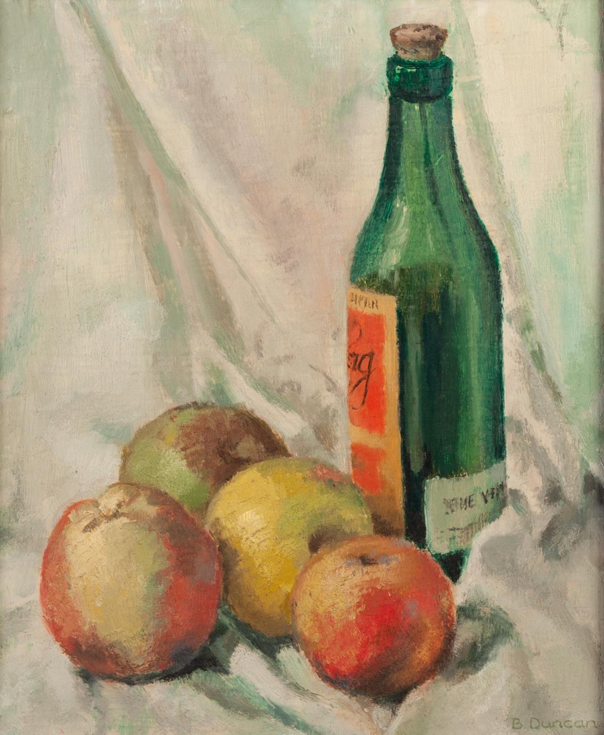 Barbara Duncan (Old Bosham) Two oil paintings on board Still life ? wine bottles and four apples - Image 2 of 2