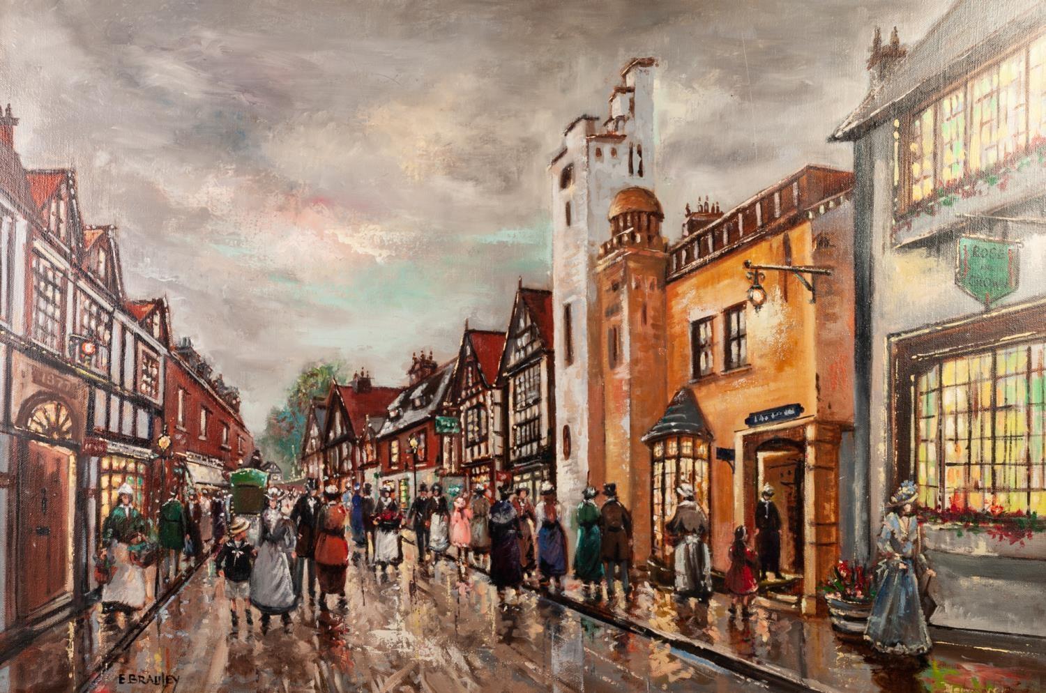 E. BRADLEY (MODERN) OIL PAINTING ON CANVAS 'Knutsford - an impression circa 1900' Signed lower left,