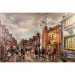 E. BRADLEY (MODERN) OIL PAINTING ON CANVAS 'Knutsford - an impression circa 1900' Signed lower left,