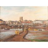 R. Whitmore Oil painting on board Harbour scene at low tide with three figures in foreground
