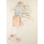 VAN TILBURY (TWENTIETH CENTURY) WATERCOLOUR Figure standing beside a window Unsigned, attributed