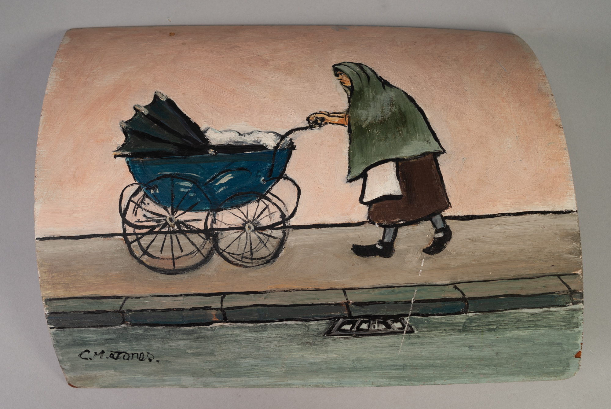 C M JONES (MODERN) OIL PAINTING ON BOARD Woman pushing a pram Signed lower left 12" x 14" (30.5 x