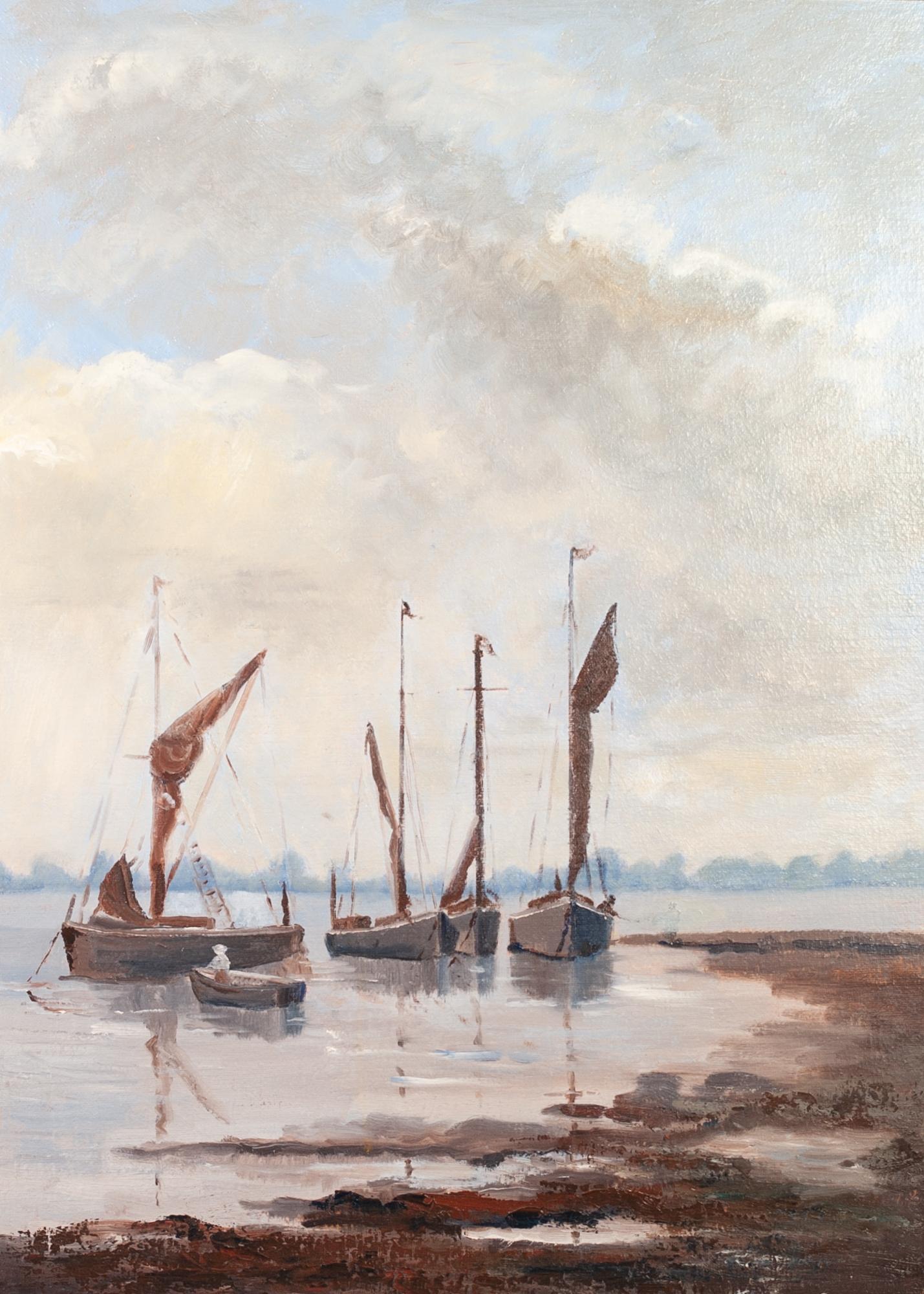 JEAN DEAKIN (MODERN) OIL PAINTING ON BOARD Thames barges at anchor Signed and dated (19)70 lower